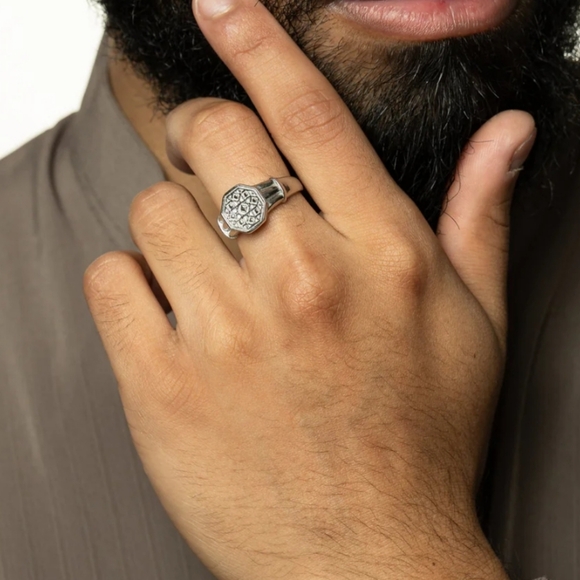 Syrian Mosaic Men's Silver Geometric Ring - 9 - Picture 3 of 4